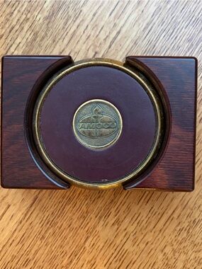 Vintage Amoco Oil Co. Brass & Leather Coaster Set of 4 Wood Base 80s Collectible